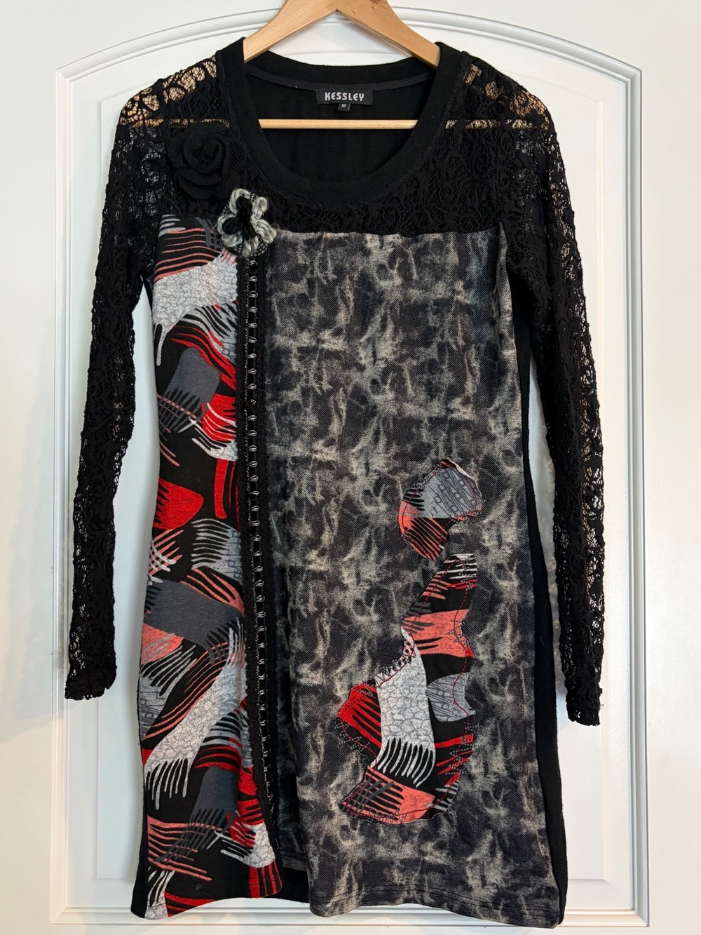 Kessley Black Abstract Lace Long Sleeve Shift Patchwork Whimsigoth Dress Size M